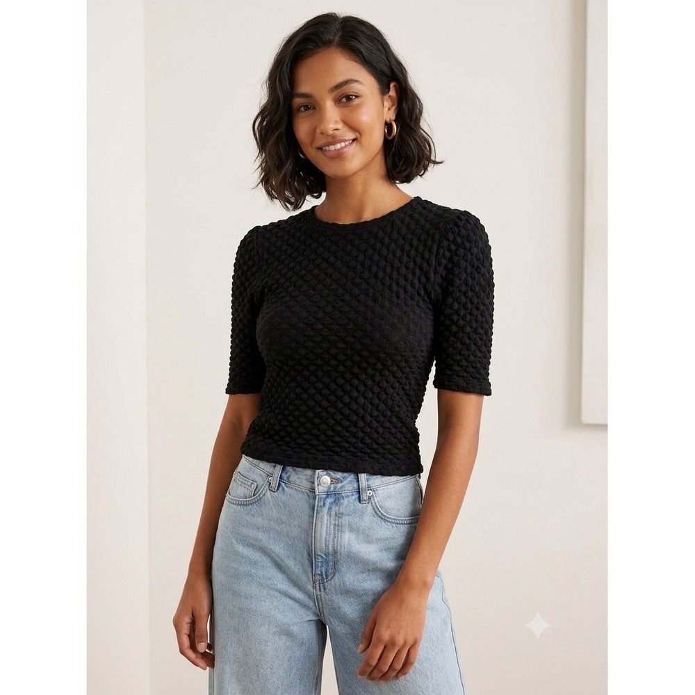 Lucy ParisBlack Popcorn Knit Short Sleeve Textured Top RN118920 Womens Small